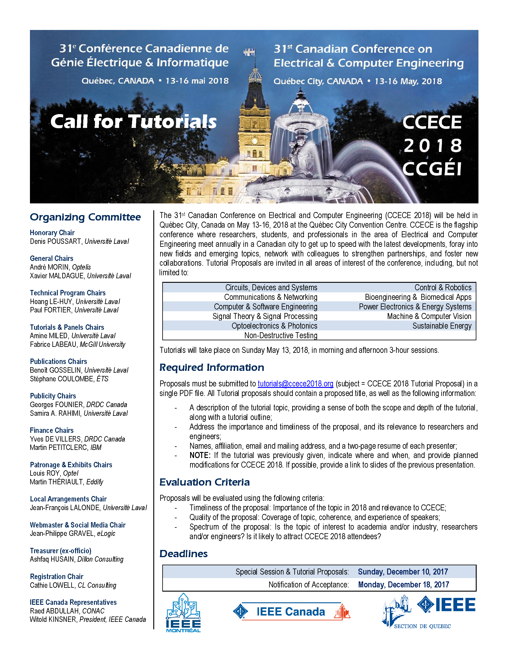 CCECE 2018 - Call for Tutorials